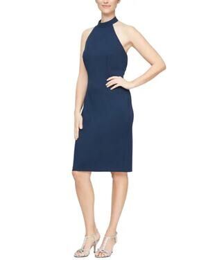 Alex Evenings Navy Blue Cocktail Dress Backless Ruffled Halter Sheath Size 10
